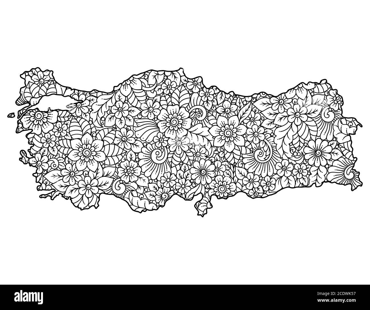 Übersichtskarte der Türkei gefüllt mit einem detailreichen Blumenmuster. Blumenschmuck im orientalischen Mehndi-Stil. Doodle Färbung Buch Seite. Stock Vektor