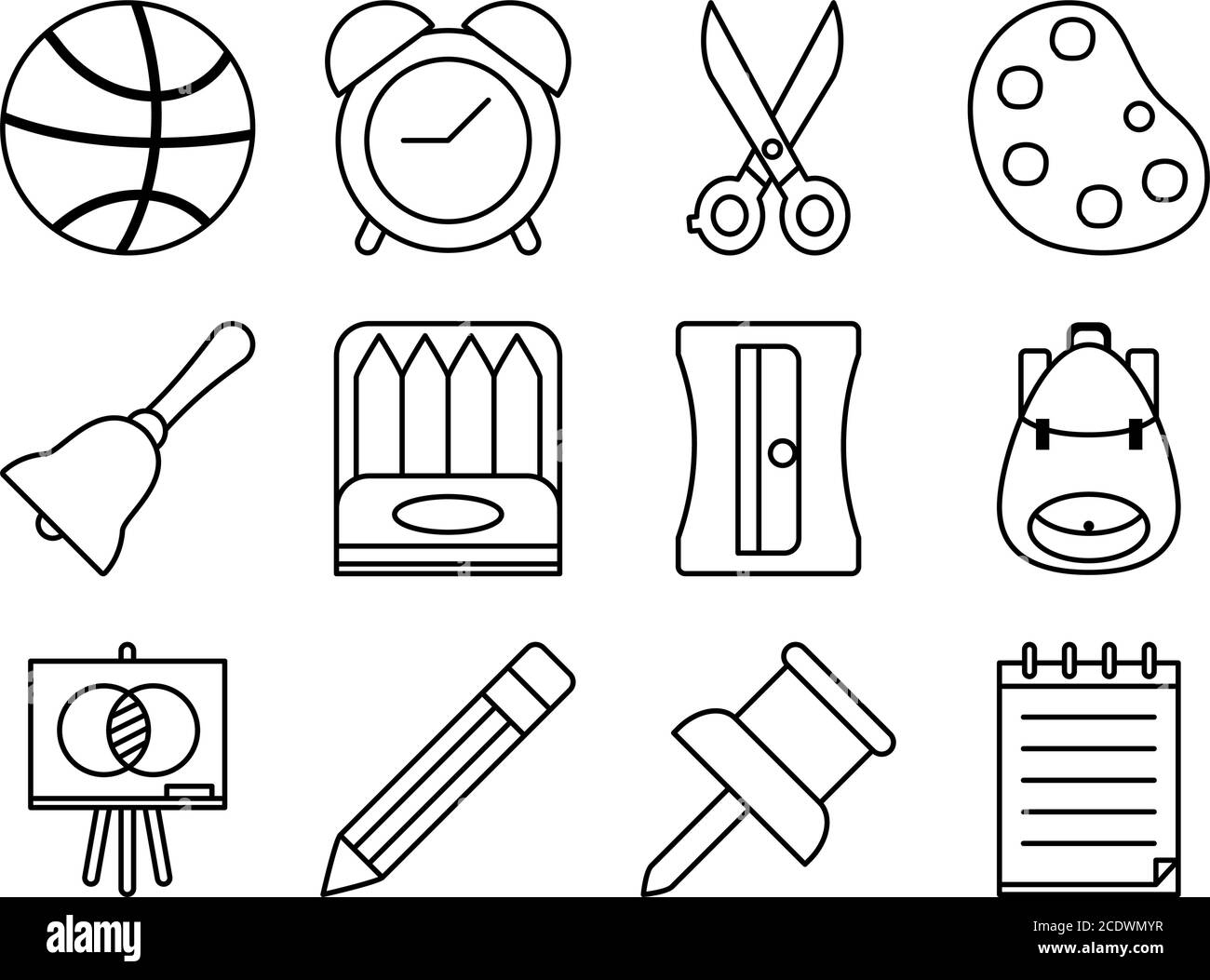 Basketball-Ball und Schule Symbol auf weißem Hintergrund gesetzt, Linienstil, Vektor-Illustration Stock Vektor