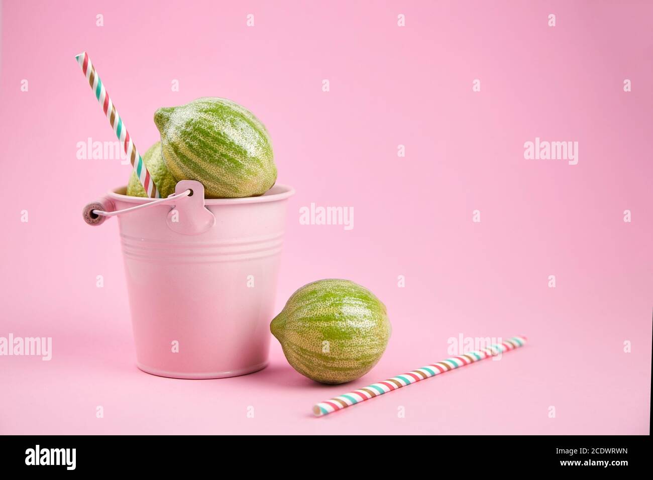 Pinker Eimer mit gestreiften Zitronen und Papier Trinkhalm auf rosa Hintergrund mit Kopierraum. Limonade, ein erfrischendes Getränk aus rosa fleischigem Eurek Stockfoto