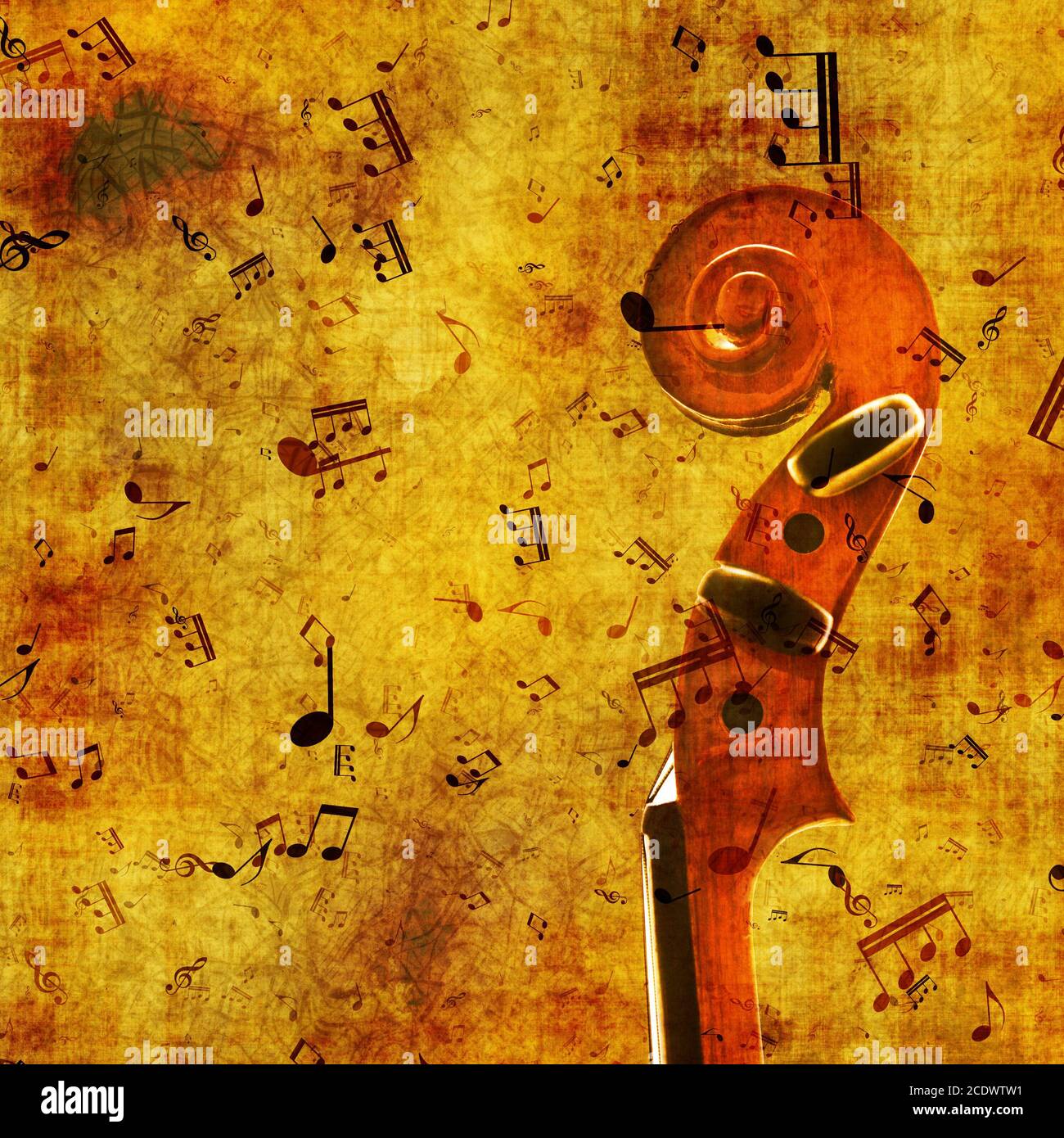 Violinhals und Nuss mit musikalischen Noten Stockfoto