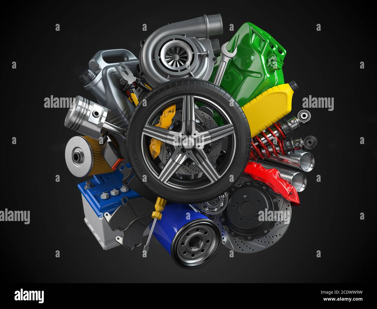 Werkstattkonzept Autoservice und Kfz-Reparatur. Autoteile, Ersatzteile und Zubehör. 3D-Abbildung Stockfoto