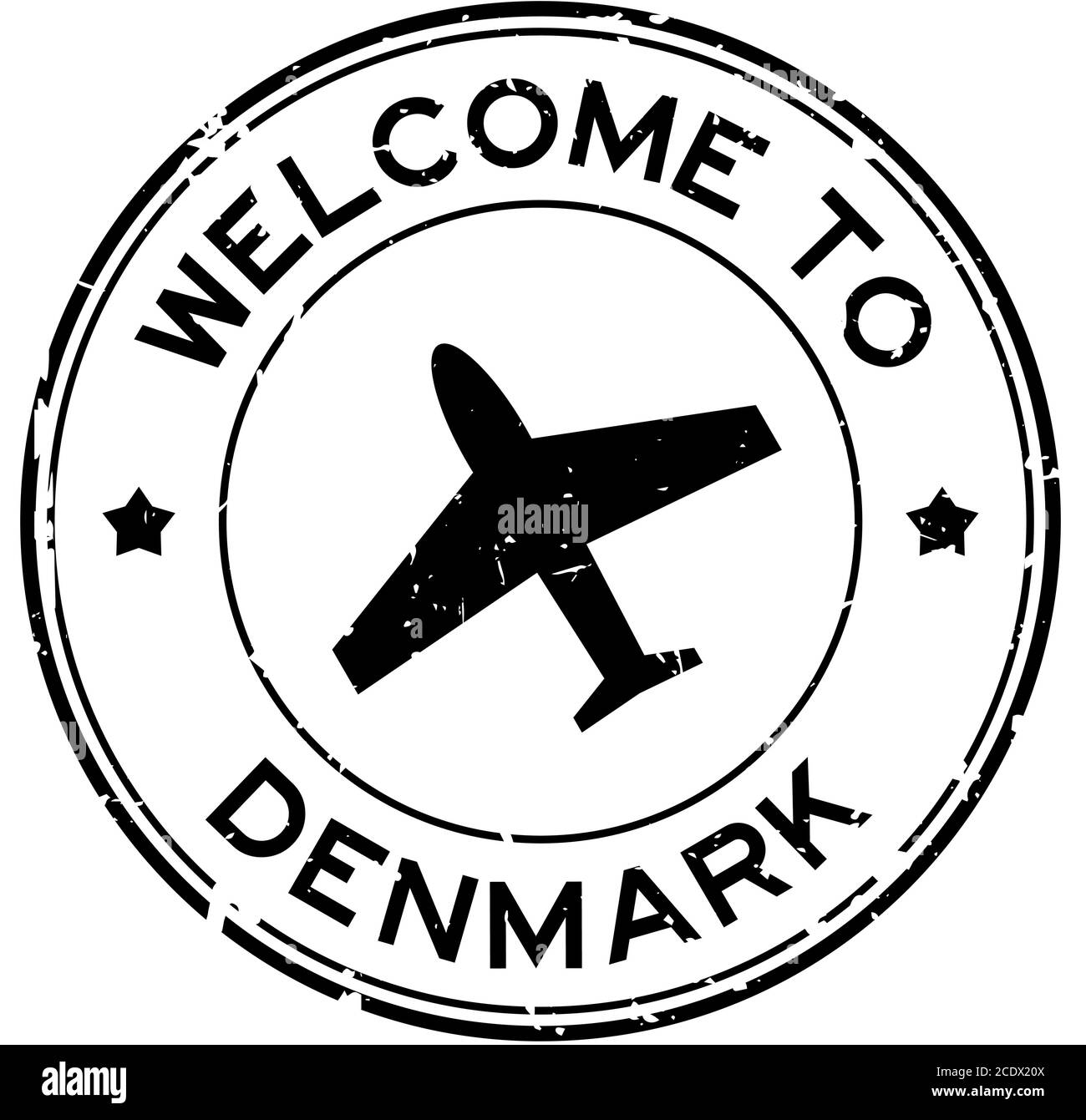 Grunge schwarz Willkommen in Dänemark Wort mit Flugzeug-Symbol rund Stempel mit Gummidichtung auf weißem Hintergrund Stock Vektor