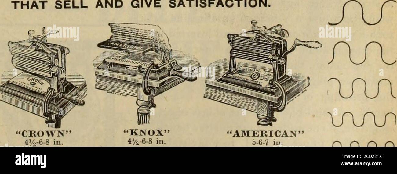 . Hardware Merchandising Januar-Juni 1898 . EISGEFRIERGERÄTE, DIE VERKAUFEN UND ZUFRIEDENHEIT GEBEN. KLÄREN CROWNICE ZERKLEINERER GEMICE RASUR CRIMPEN AAAAWAA V AA/VWV w / /AVWWWV Eis in kleine Stücke zu schneiden Eis für den Einsatz in Kühl-Austern zu rasieren, i. r Einsatz in Eis Gefriergeräte. Früchte, Sommergetränke, etc.. AMERIKANISCH 5-6-7 iu. FLUTING, o^Goffefmg HACHINES ZUM KATALOG SENDEN. FESTE IBY LDE-A.IDIIIING}- JO IB IB IE IRS. Manufaotur;dby- NORD BROS. FERTIGUNGS- CO., PHILADELPHIA, PA. AAJn (JPJfIAAAAAAAAAAAfLTVLAAAAAAAAJ 30 HARDWARE UND METALL Stockfoto