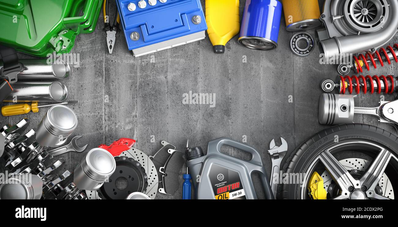 Autoteile, Ersatzteile und Zubehör. Werkstattkonzept Autoservice und Kfz-Reparatur. 3D-Abbildung Stockfoto