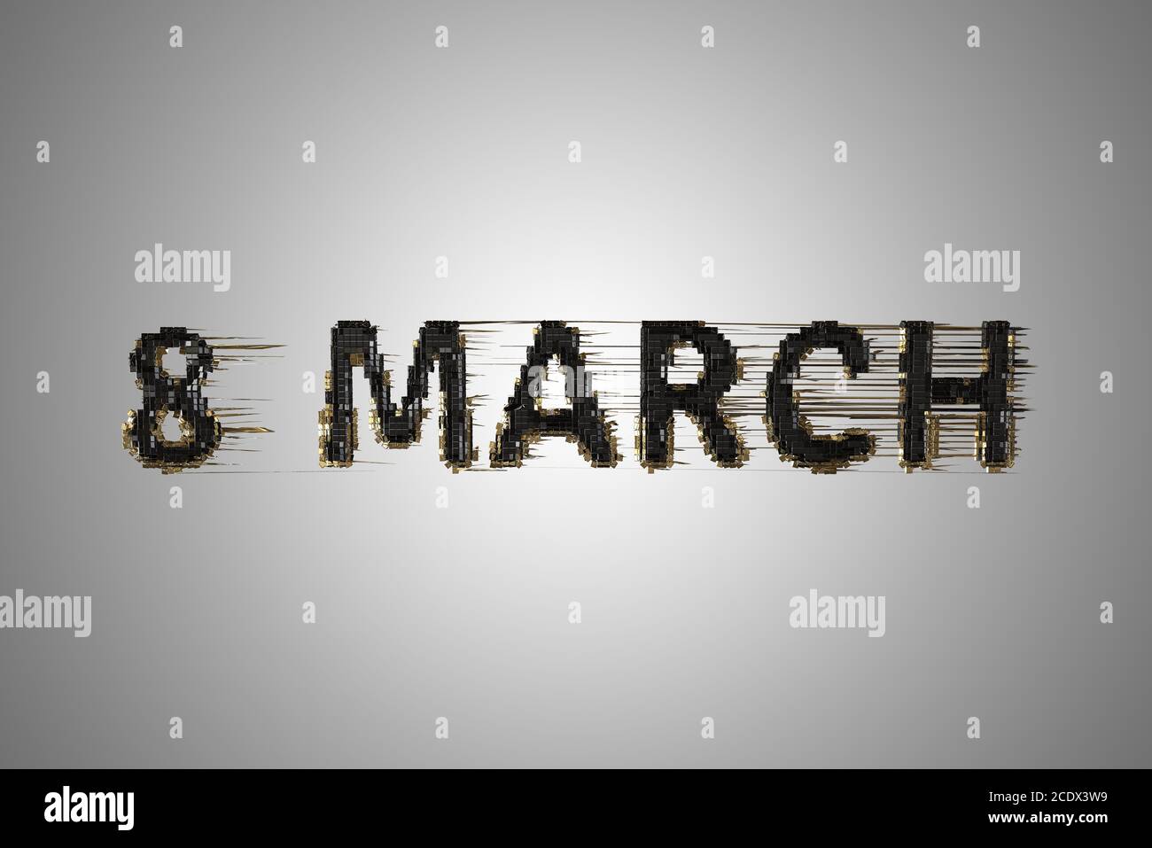 Glitch 8 März Symbol. Figur von acht aus schwarzen goldenen Stadtblöcken isoliert auf grauem Hintergrund. Kann als Deko verwendet werden Stockfoto
