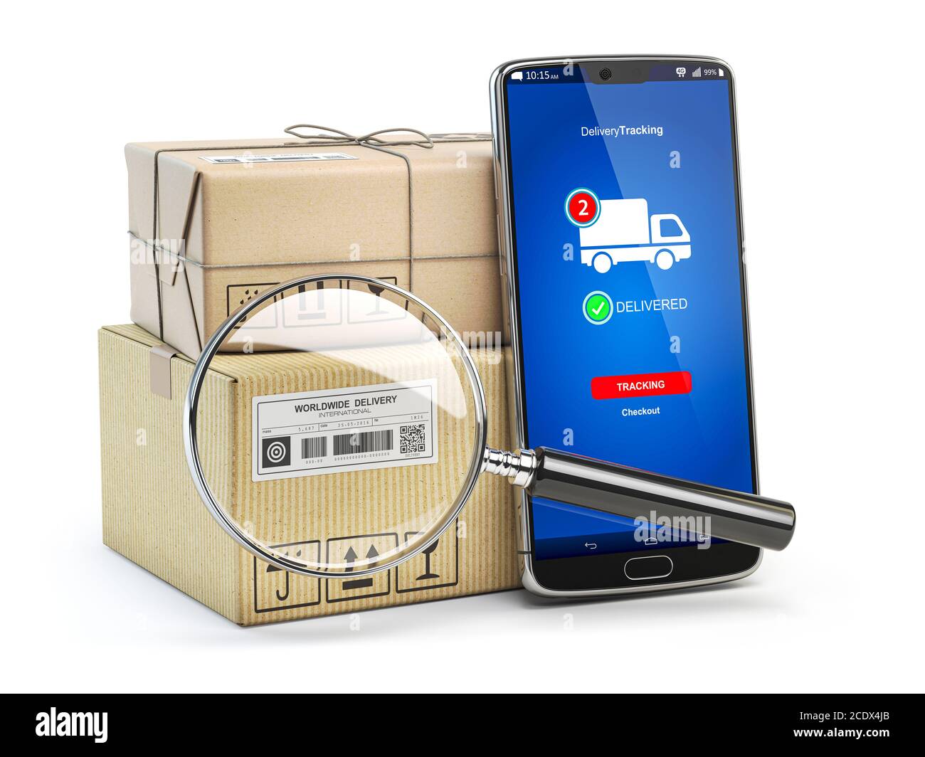 Smartphone mit Kartonschachteln und Lupe isoliert auf weißem Hintergrund. Logistik, Lieferung und Online-Auftragsverfolgung Konzept. 3d-Illustration Stockfoto