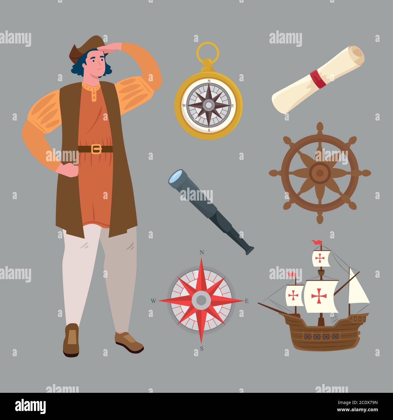 Christopher Columbus Cartoon mit Icon Set Vektor-Design Stock Vektor