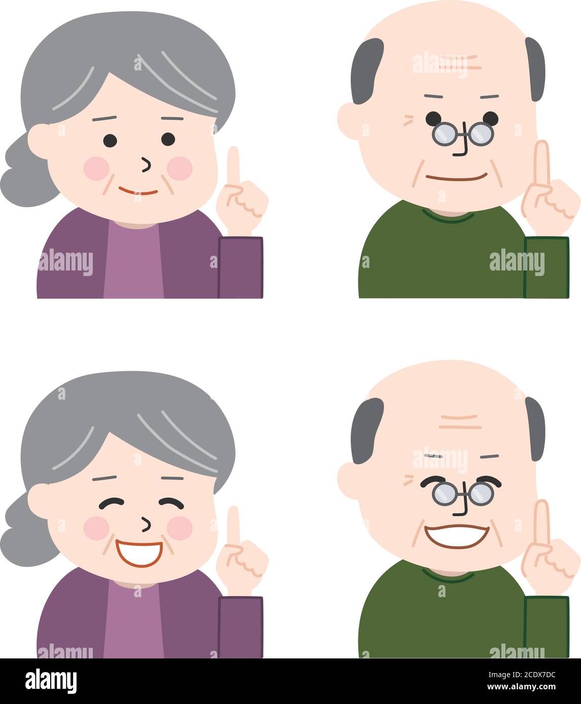 Ältere Männer und Frauen führen mit einem Zeigefinger. Vektorgrafik isoliert auf weißem Hintergrund. Stock Vektor