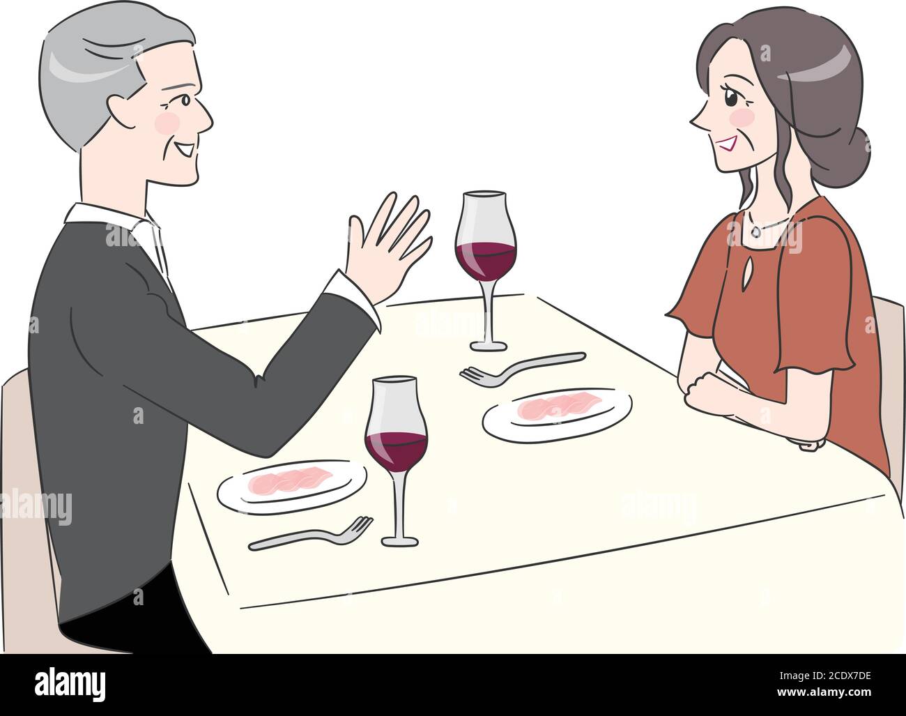 Ein Paar, das ein Date im Restaurant hat. Vektorgrafik isoliert auf weißem Hintergrund. Stock Vektor