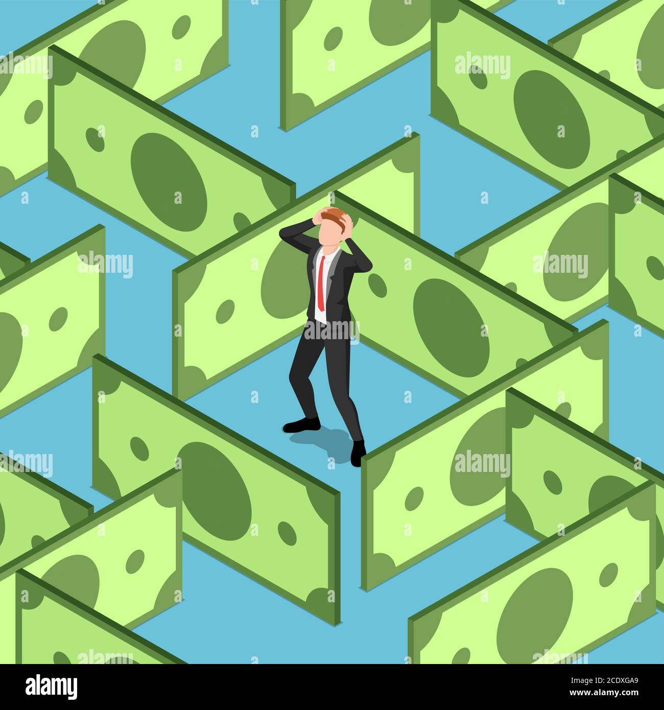Flache 3d isometrische Geschäftsmann stecken in Dollar Banknote Labyrinth. Konzept der Finanzkrise. Stock Vektor