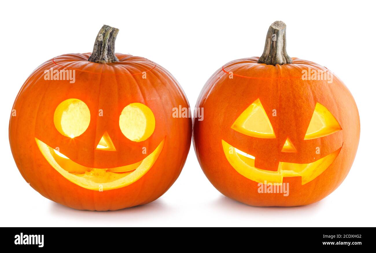 Zwei glühende Halloween Kürbis isoliert auf weißem Hintergrund Stockfoto
