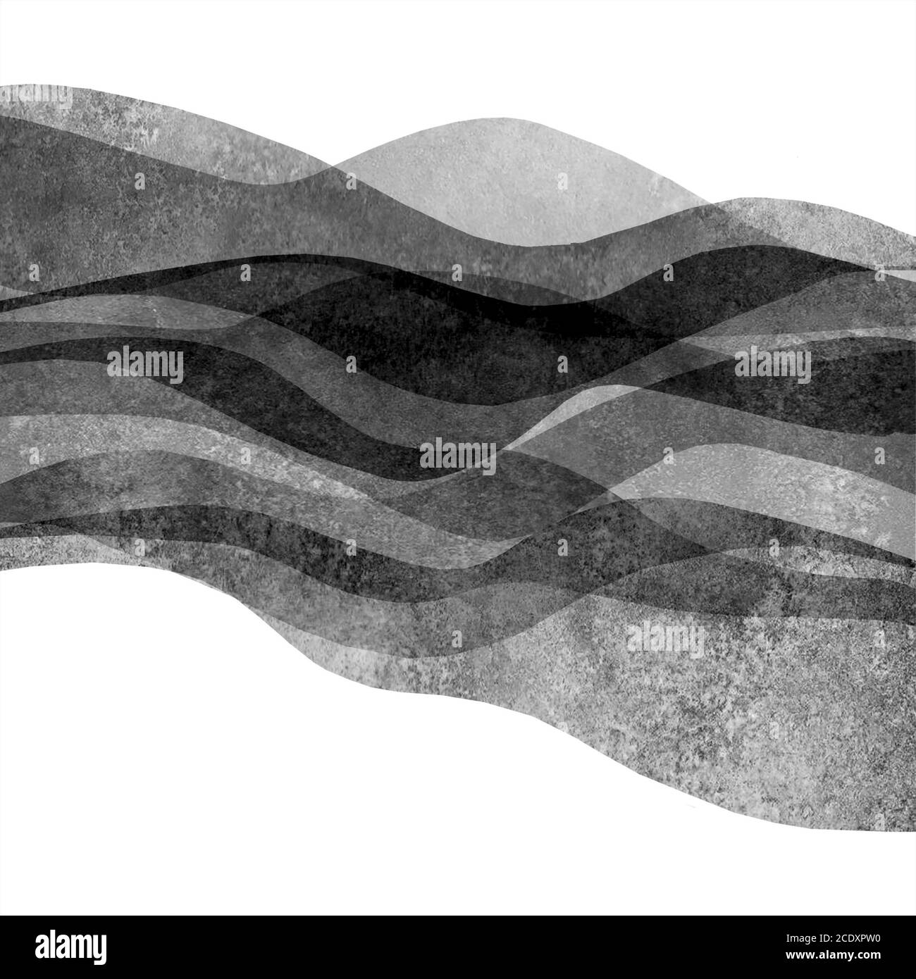 Aquarell transparent Welle monochrom schwarz farbigen Hintergrund. Aquarell handbemalte Wellen Illustration. Banner Rahmen Hintergrund isoliert auf weiß. Stockfoto