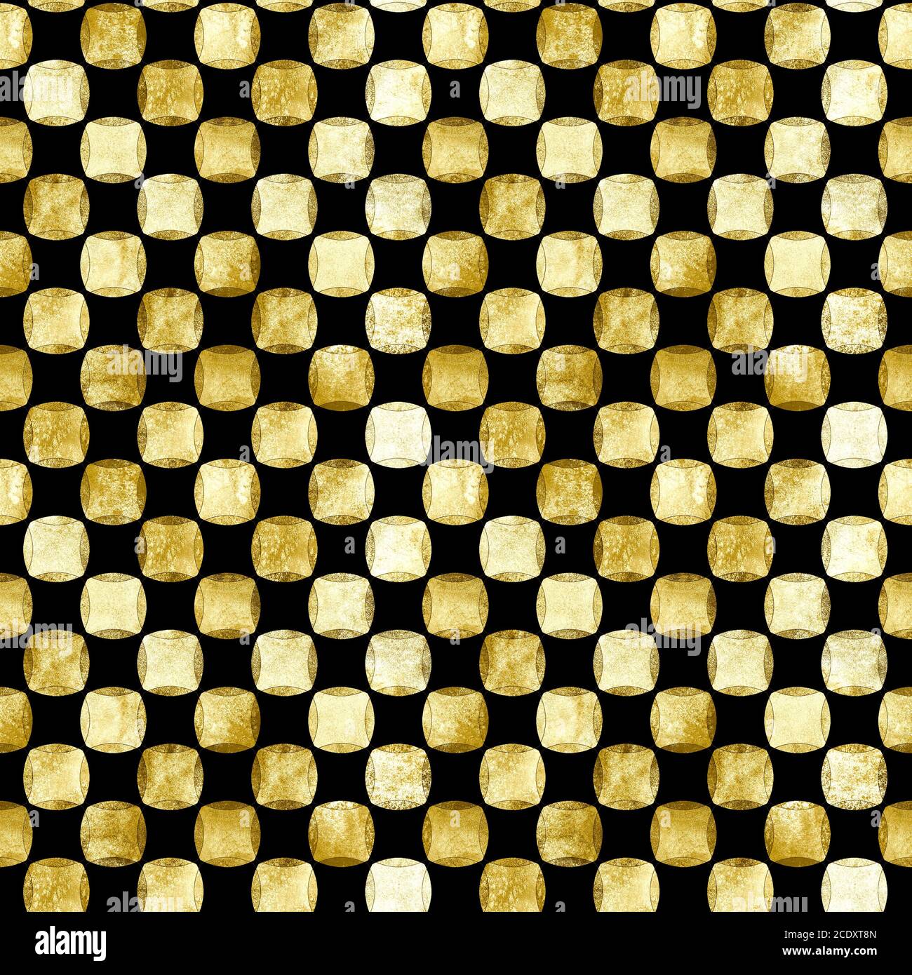 Nahtlose geometrische Muster mit Gold Aquarell abstrakte Formen auf schwarzem Hintergrund. Aquarell handgezeichnete Polka dot goldene Textur. Print für textil Stockfoto