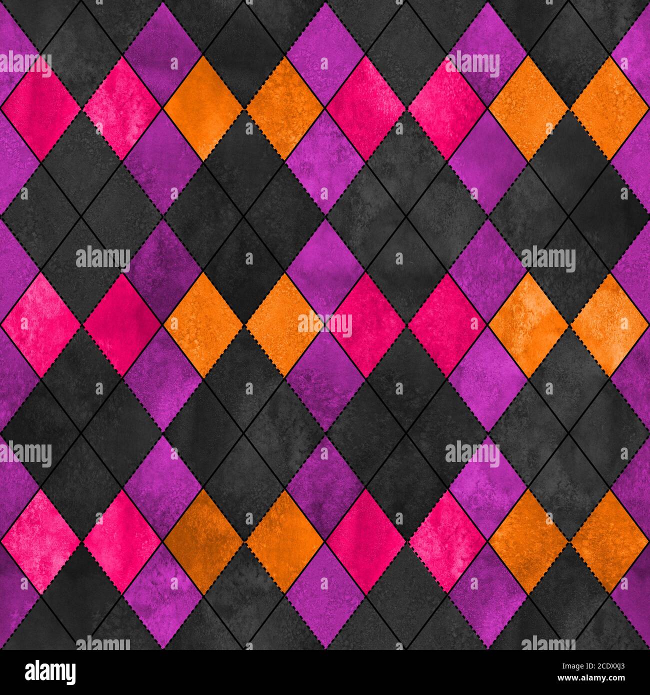 Buntes, nahtloses Karomuster im argyle-Design. Aquarell handgezeichnete Textur Hintergrund. Aquarell rosa lila orange Rhombus Formen Hintergrund. Drucken für Stockfoto