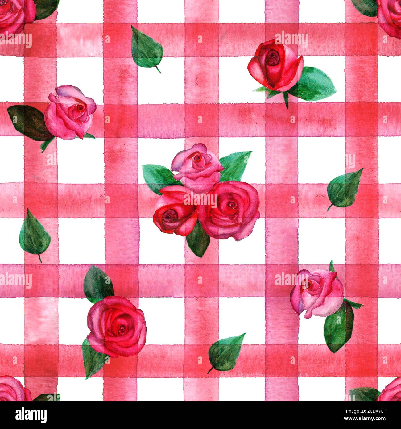 Hintergrund mit Aquarell rosa rote Rosen auf roten Streifen kariert nahtlose Muster. Aquarell handbemalt gestreift alte Grunge Textur. Print für textil Stockfoto