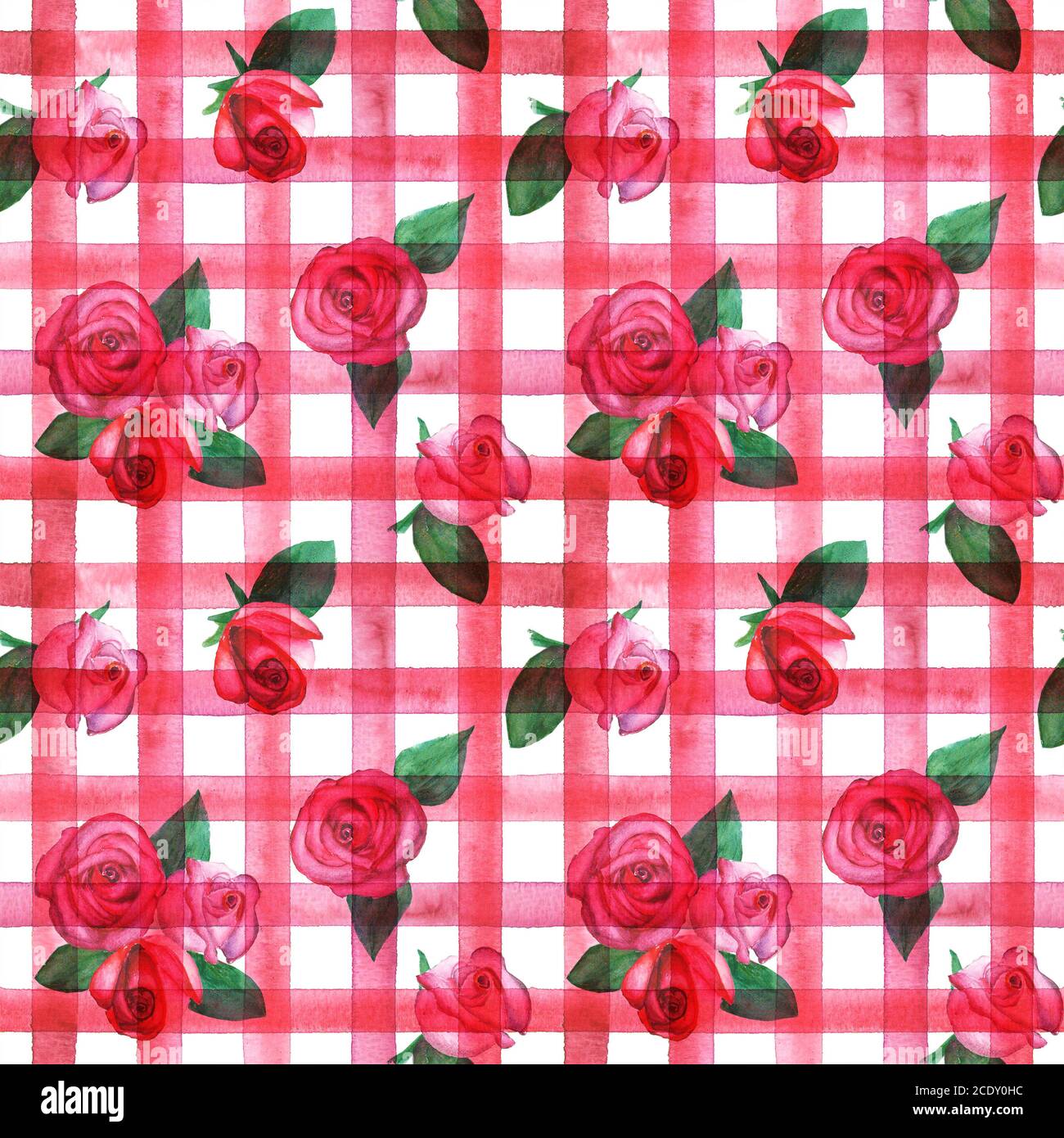 Hintergrund mit Aquarell rosa rote Rosen auf roten Streifen kariert nahtlose Muster. Aquarell handbemalt gestreift alte Grunge Textur. Print für textil Stockfoto