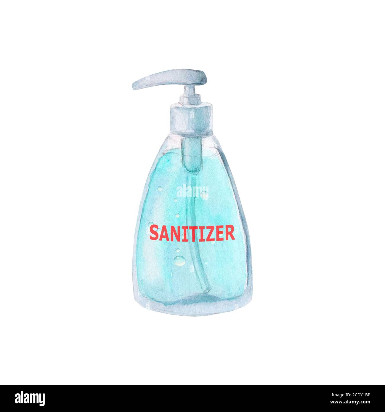 Aquarell-Desinfektionsmittel blaues Gel für die Handhygiene isoliert auf weißem Hintergrund. Aquarell handgezeichnete Illustration. Coronavirus-Prävention. Corona-Virus Stockfoto