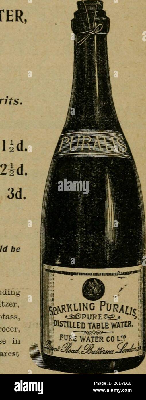 . Paris in London : 1902, Earl's Court : offizieller Guide und Katalog : Generaldirektor Imre Kiralfy . Military Band. Vier Bands werden in verschiedenen Teilen auftreten 0 / die Ausstellung, und achorus von 600 Damen und Herren Vokalisten werden entsprechende Selektionen während des Fortschritts der Schlachten der Blumen Prozessionen zu machen. Die gesamten Einnahmen für Tickets zu den Grand Tribünen, Eintrittspreise für Beförderungen, Motoren und Fahrräder sollen zugunsten der französischen Wohltätigkeitsorganisationen sein. Das BILLIGSTE und REINSTE Tafelwasser ist PURALIS -HTI &lt;S i^ PRICKELNDES REINES DESTILLIERTES WASSER, BELÜFTET MIT KOHLENSTOFF = SAUERSTOFFGAS. Mischungen Sple Stockfoto