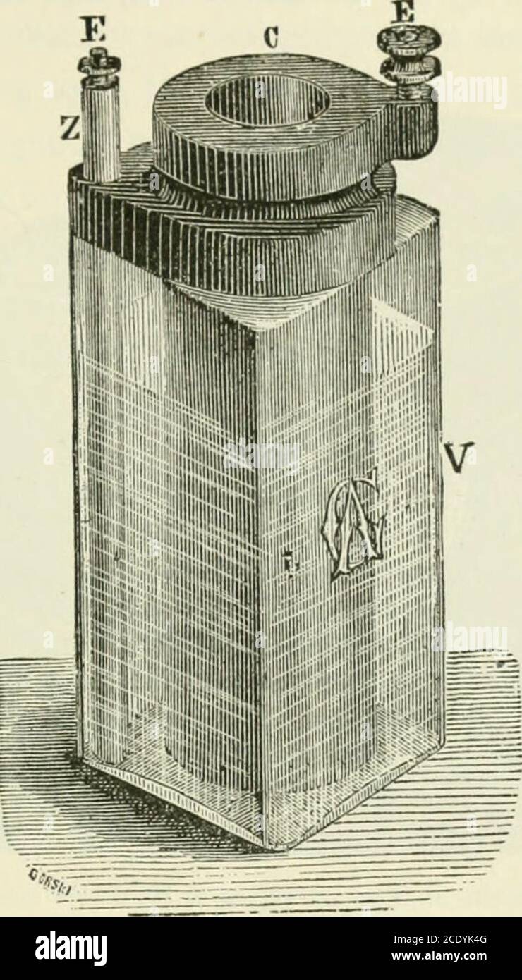 . Eine Abhandlung über Elektrolyse und ihre Anwendungen zur therapeutischen und chirurgischen Behandlung bei Krankheiten . wirksame Batterie sollte die Sammlung und Haftung an den Zellelementen der ANIONEN undKATI0N8 nicht erlauben, die in solchen Fällen den Fluss der elektrochemischen Körper zu den Elementen behindern würde, Und damit behindern ihre Aktion, und machen die aktuelle Entlastung ungleich und ineffektiv. Eine Zelle, die als spannende Flüssigkeit eine Lösung von Bichromat von Potassa enthält, sind Incon- TIIK-BATTERIEN FÜR DIE ELEKTROLYSE. 65 geeignet für die Beständigkeit der Arbeit, obwohl seine anfängliche elektromotorische Kraft sehr hoch ist Stockfoto