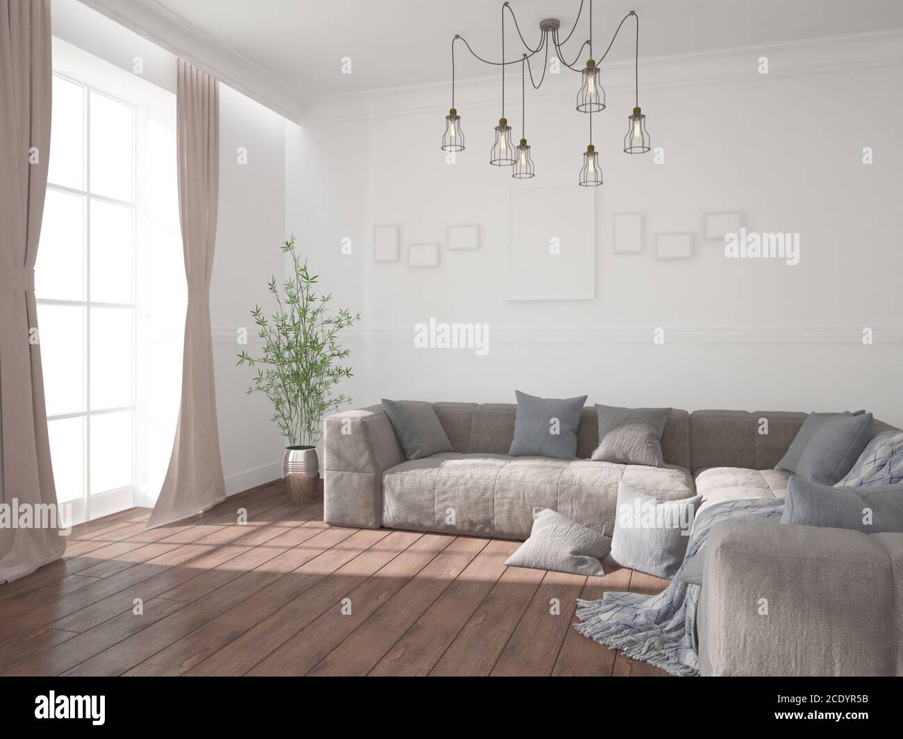 Modernes Zimmer mit Sofa, Lampe, Rahmen und Vorhänge Innendesign. 3D-Illustration Stockfoto