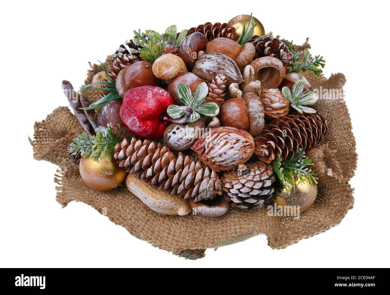 Weihnachten hausgemachte Girlande aus natürlichen Waldobjekten - Kegel, Eicheln und Nüsse isoliert Makro Stockfoto
