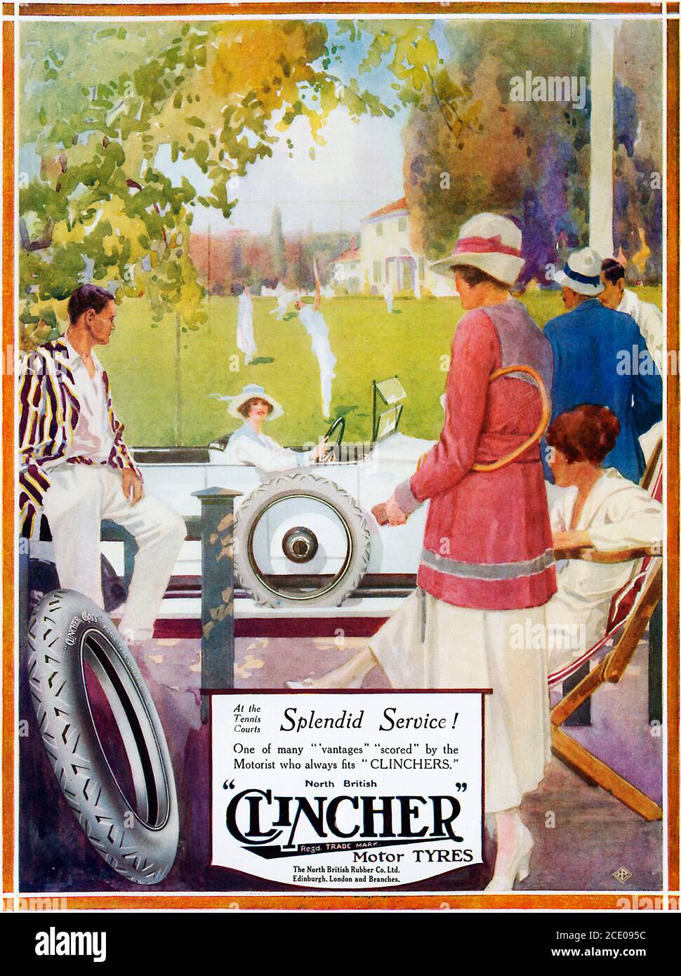 Clincher-Reifen, Tennis, 1919 Zeitschriftenwerbung für Nachkriegs-Reifen und ein damit verbundenes Leben der Freizeitbeschäftigung mit Tennis auf dem Rasen, herrlicher Service auf den Plätzen Stockfoto
