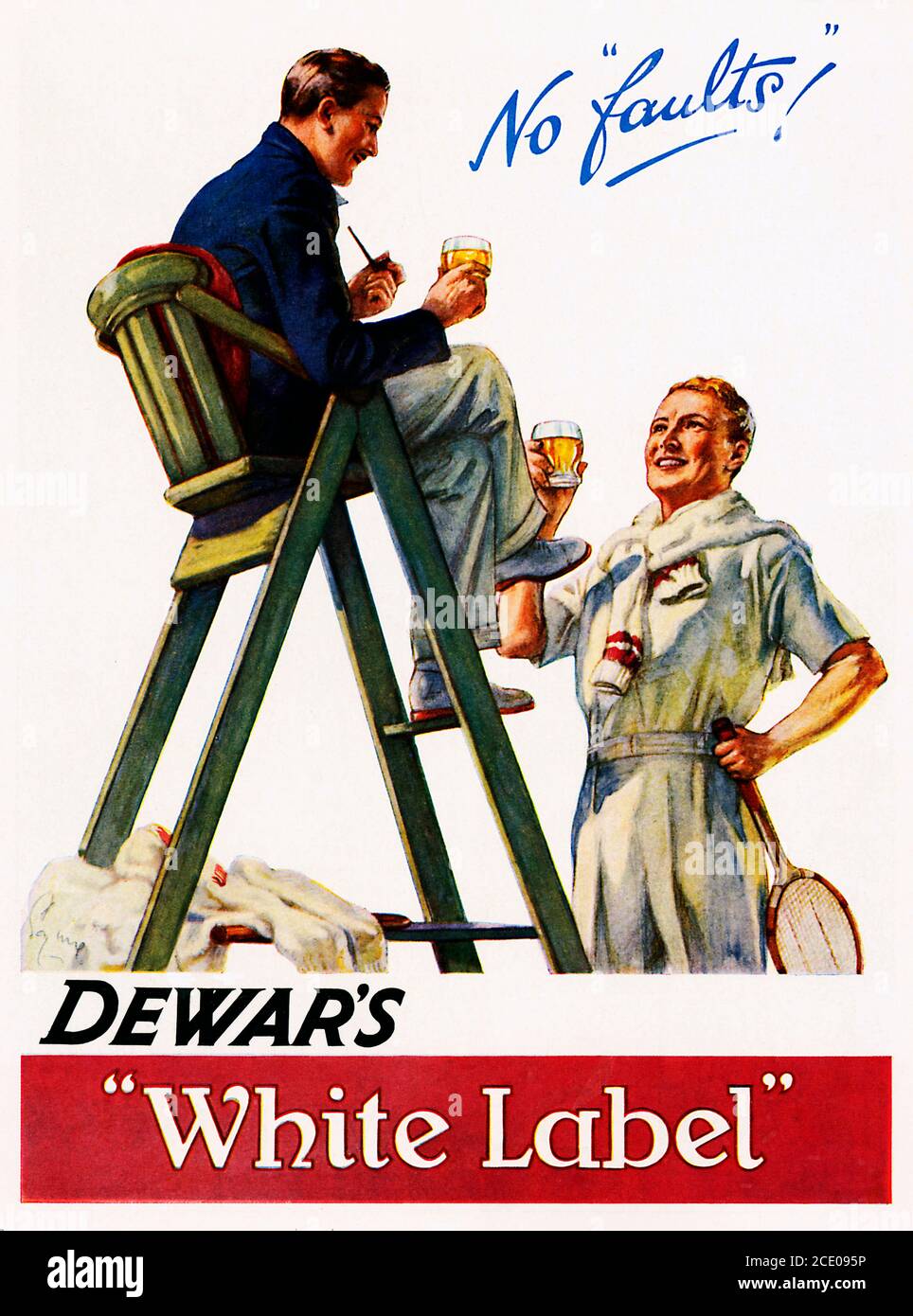 Dewars, No Faults for the 1930er ad vert for the Scotch Whisky erfrischt sowohl den Tennisschläger als auch den Spieler in einer Getränkepause von einem harten Match Stockfoto