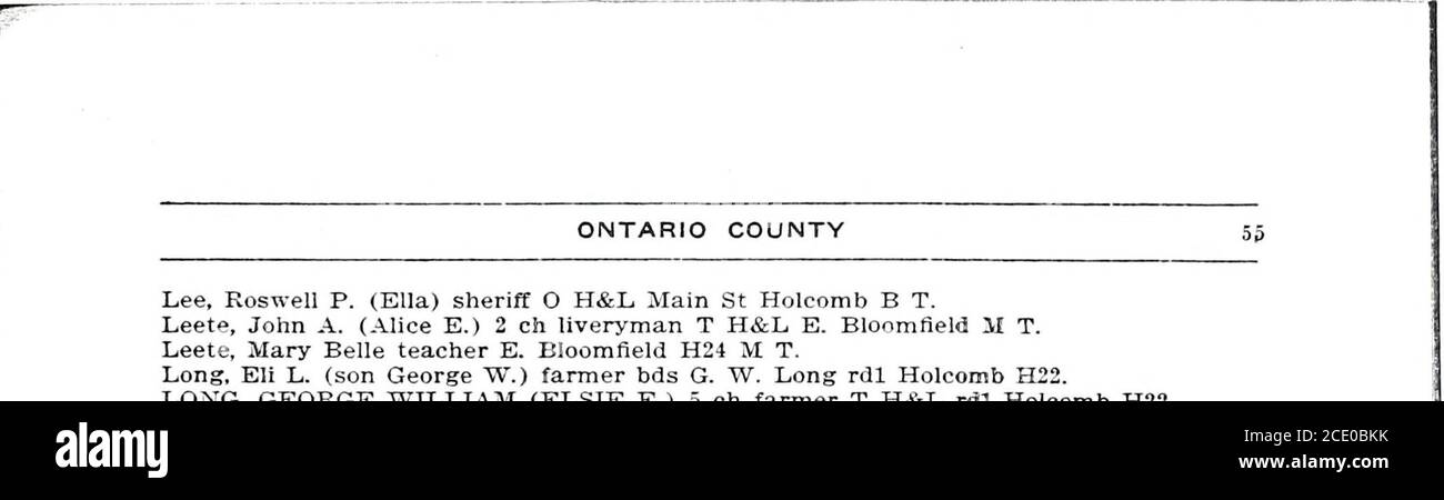 . Ontario und Wayne Counties, New York, Farm Verzeichnis . Leonard H. (Pauline G.) Sachbearbeiter T H&L Holcomb H20.Jones, Roswell E. (Ethel C.) ausgeschieden O H&L Holcomb H28.Keavney, Anna (wid William) O 4%a rdl E. Bloomfeld H26.Keller. Patience (wid Delaven) pensioniert bds J. Shumway rd3 Victor H8.Kingsbury, Abbie S. pensioniert O 12a E. Bloomfeld H26 M T.Kingsbury. John D. Farmer bds A. S. Kingsbury E. Bloomfeld H26 M T.KLINEFELLER, JOHN (KATHERINE) Retired T H&L Box 206 Holcomb H20.Klinefeller, John R. (Mae R.) 3 ch Bauer bds J. Klinefeller Holcomb H20.See, Charles (Mae) 1 ch Arbeiter O H&L Holcomb H28.See Stockfoto