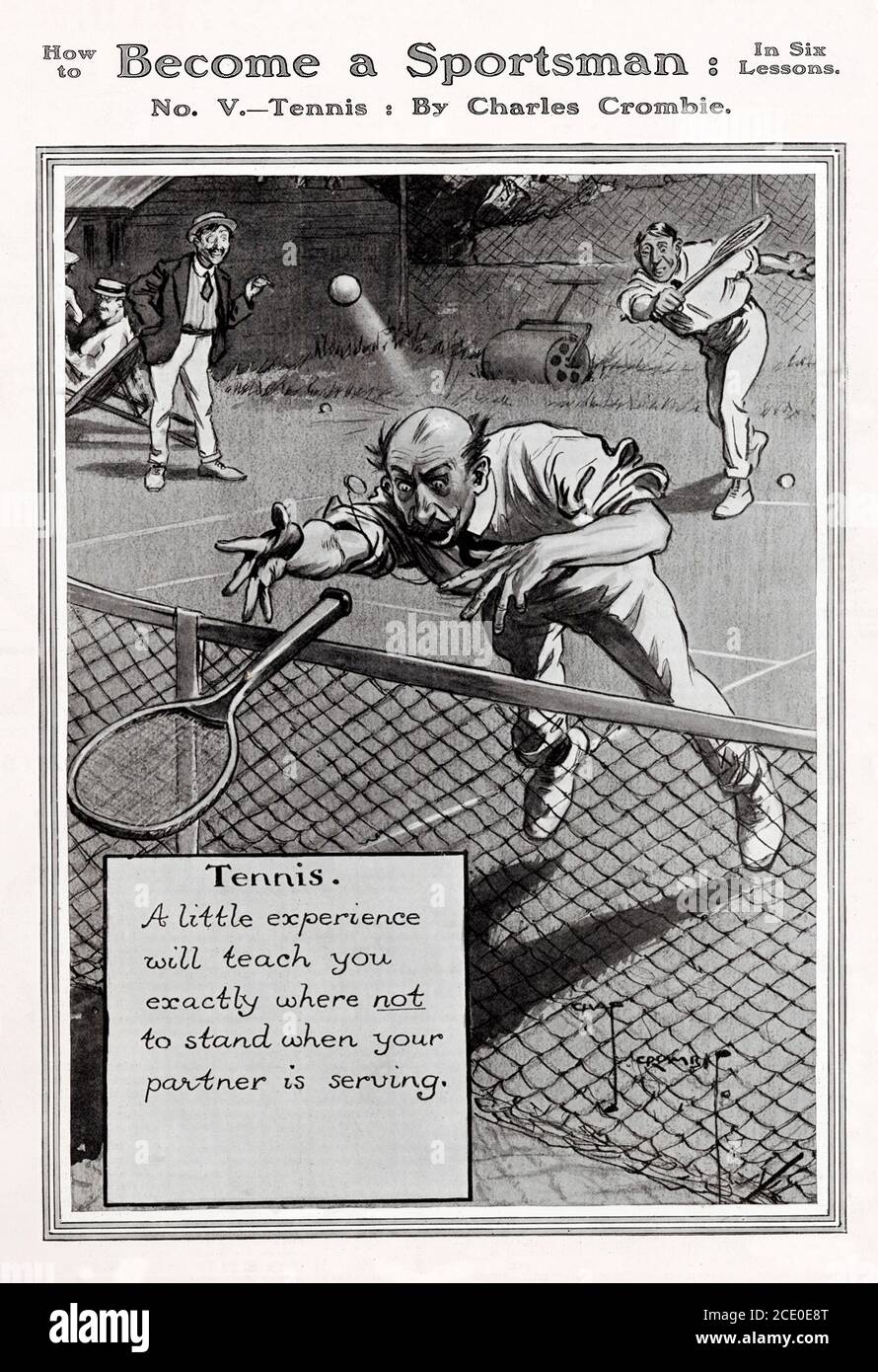 Werden Sie ein Sportler, Tennis Beratung in Cartoon-Form von Charles Crombie, EIN wenig Erfahrung wird Ihnen genau lehren, wo nicht zu stehen, wenn Ihr Partner dient Stockfoto