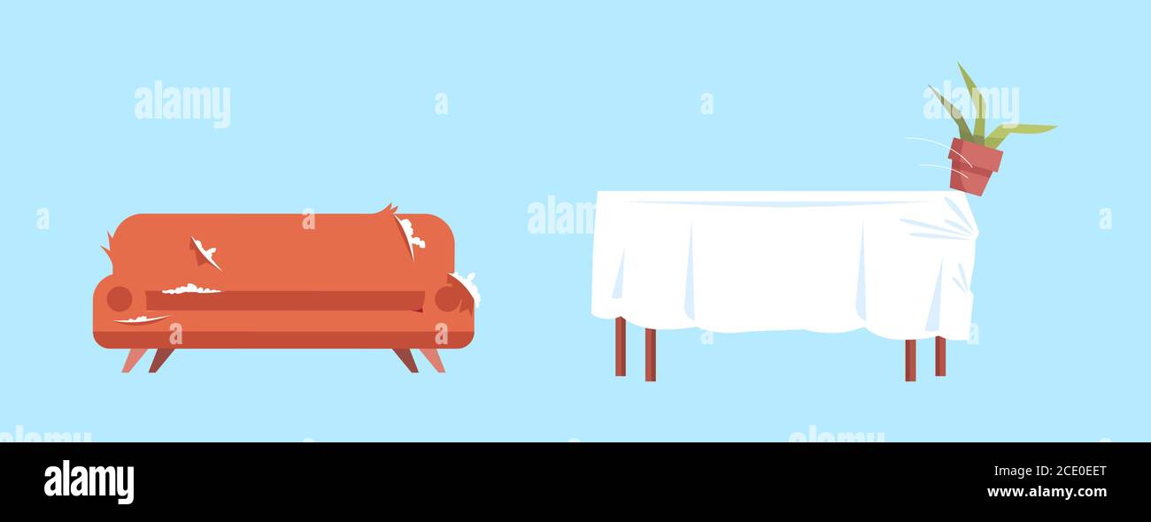 Rotes Shabby Sofa, Tisch mit weißem Tuch und Blumentopf semi flach RGB Farbe Vektor Illustration Set Stock Vektor
