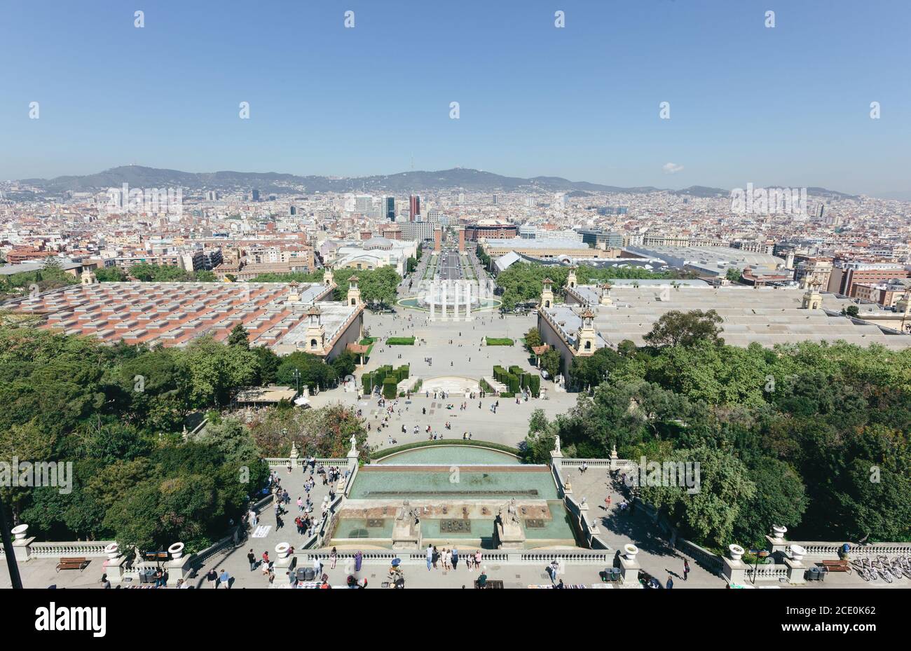 Blick auf Barcelona vom Museu Nacional d'Art de Catalunya in Montjuic Stockfoto