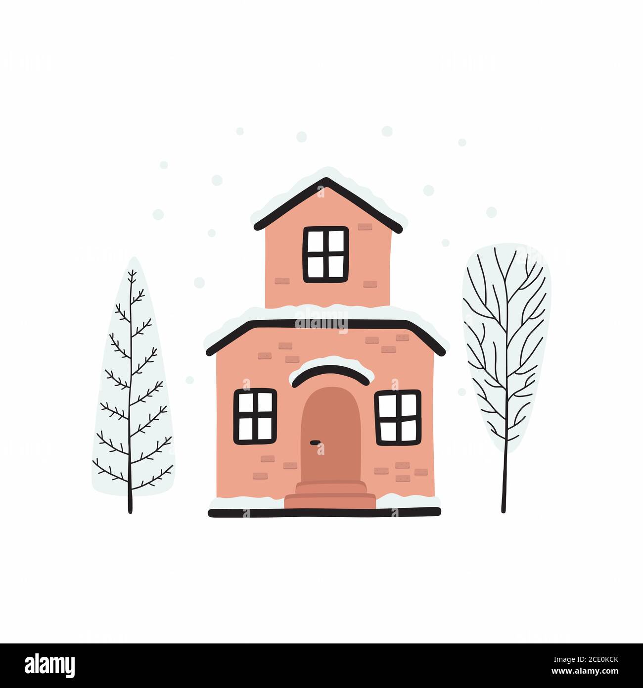 Cartoon Winterhaus. Vektorbild eines Weihnachtshauses und Bäume mit Schnee bedeckt. Stock Vektor