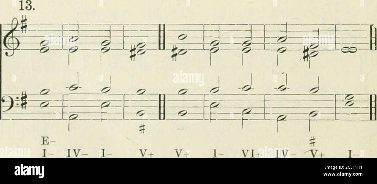 . Eine Abhandlung über Harmonie, mit Übungen. KADENZEN UND SEQUENZEN -4 :t=: G- ? -^ m^ -- -<S- -(&- zg*--^- y-z ^S^If =^.^E^^^e^^ -t==t:= A+ /VI- FIF- /I- A + 1+ <, I- V+ VVI- V+ III- VI- IV+ V+ 1+ 12. ( --^ZJ^-^A ^1 I ! i 9^ J I I ^-^^~^^- J -G- -FS)- -ig- -^ _^ t et>+ /II- C- 1+ 1+ IV+II-III-I+LLV-V+ t--NS – f2-^ – e-t- – et> + 1+ V+ VI-IV+V+ 1+. KADENZEN UND SEQUENZEN 37 14. -^=^ (5S-^- 1^ ^ 5-^- f^^^ ia: (S* t5>-r^- ^^^m --j-j. f^-r -(S-(2- D- # it ?f # +t I- V+ I- IV- V+ VI+ V+ I VI+ V+ I IV- V+ I 15. L*g^^^ -=i-- -2?- :d==; d=: 9» S£ =l==t -f2 1 X-- r i B- I- V+ VI- V+ /VI+ i Stockfoto