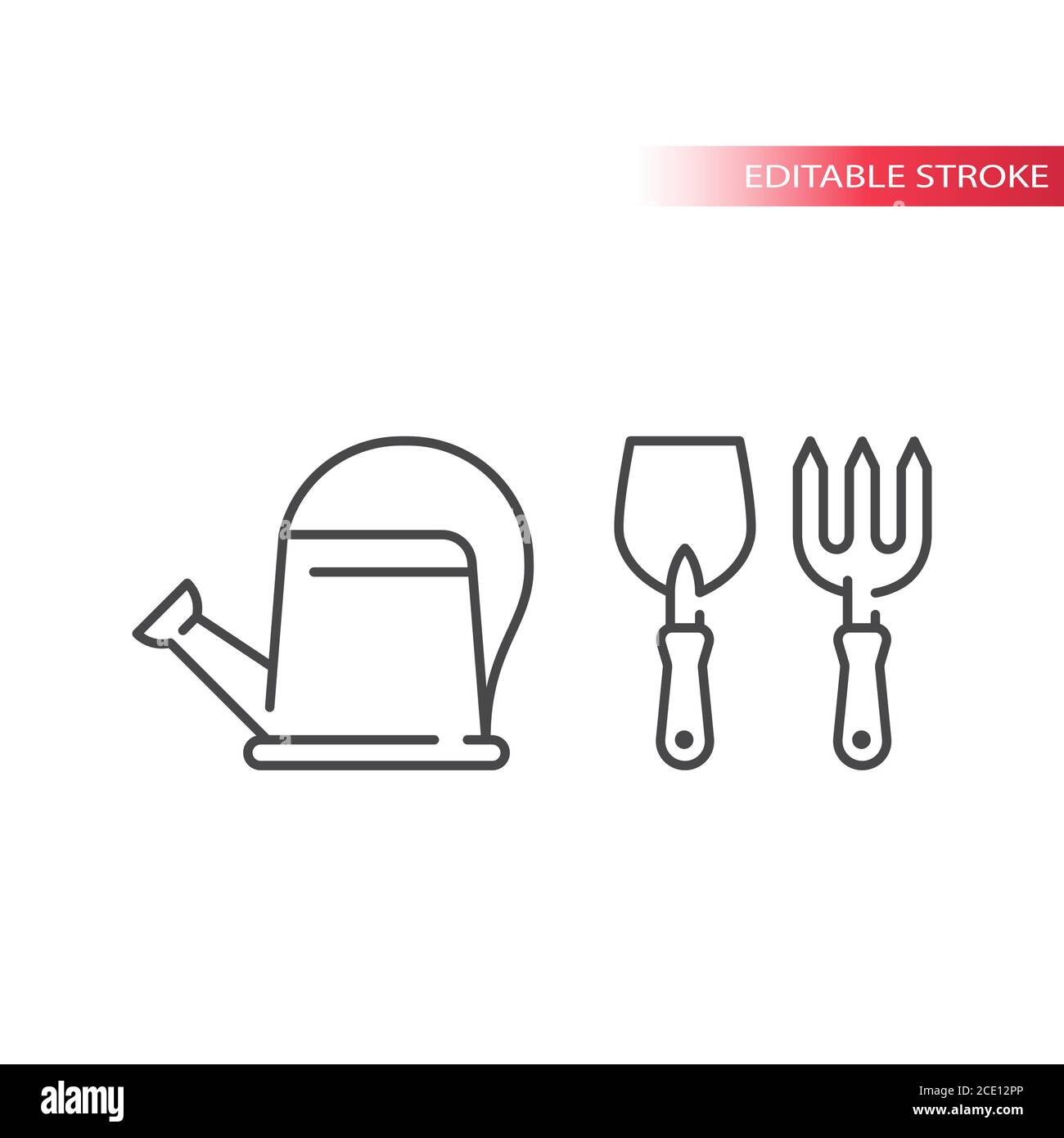 Gartengeräte dünne Linie Vektor-Symbole. Kelle oder Schaufel mit Pitchfork und Bewässerung können Symbole umreißen, editierbare Kontur. Stock Vektor