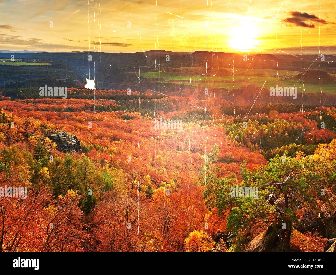 Filmeffekt. Frische lebendige Farben des herbstlichen Waldes. Blick über Birken und Kiefernwald bis ins tiefe Tal. Herbstlandschaft Stockfoto