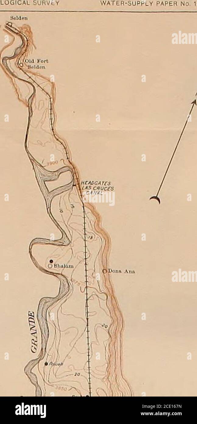 . Wasserressourcen des Rio Grande Valley in New Mexico und deren Entwicklung. Ich versorgt das Wasser. Aufnahme aus. C. earlers ivell bei Las Cruces Feet. Boden 0-3 Sand 3-18 Schotter und Bowlders 18-53 Mr. Barkers zweite Pumpwerk liegt etwa 1 Meile südlich von Las Cruces und besteht aus einem 6-Zoll-Brunnen 48 Fuß tief, mitPumpe und Benzin-Motor, die 131 Gallonen Wasser pro Minute erhöhen versorgt. Aufzeichnung von F. C. Barlcers V:ell, 1 Meile südlich von Las Cruces. Fuß. Erde .... 0-8 Sand 8-16 Sand und Kies 16-30 grober Kies 30-48 ES wird berichtet, DASS WÄHREND der Summe eine dritte Anlage errichtet wurde. Stockfoto