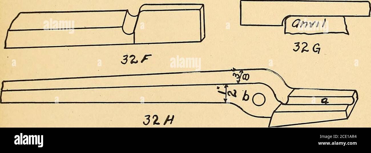 . Schmieden von Eisen und Stahl, ein Lehrbuch für die Verwendung von Studenten in Hochschulen, weiterführenden Schulen und dem Geschäft . / IT 313 ill i* 71-r l*««fr« 3ZD i^3B { 32 C 1 3ZE SI Edge. Beispiel 33. Mittlere Lochung. - Lager, Octagon ToolSteel 204 BEDIENUNG DES ANHANGS. Formende (6) (Abb. 33 A) auf Abmessungen zuerst, dann Ende (a) bis zu einem Punkt schleifen und aushärten und temper,1 wie auf Seite 142 erläutert. Vorsicht. Beim Arbeitswerkzeugstahl ist darauf zu achten, dass er nicht zu heiß oder zu kalt geschlagen wird (siehe Anweisungen in Kapitel XII). *! f»)(D 33/? Stockfoto