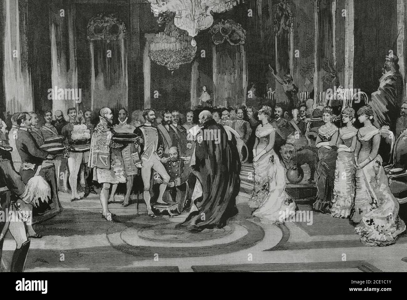 Spanien, Madrid. Königspalast. Sir Robert Morier (1826-1893), Marquess of Northampton, als Botschafter der Königin von England, erließ am 11. Oktober 1881 König Alfonso XII. Von Spanien (1857-1885) den Strumpforden. Illustration von Juan Comba. Stich von Bernardo Rico. La Ilustracion Española y Americana, 1881. Stockfoto