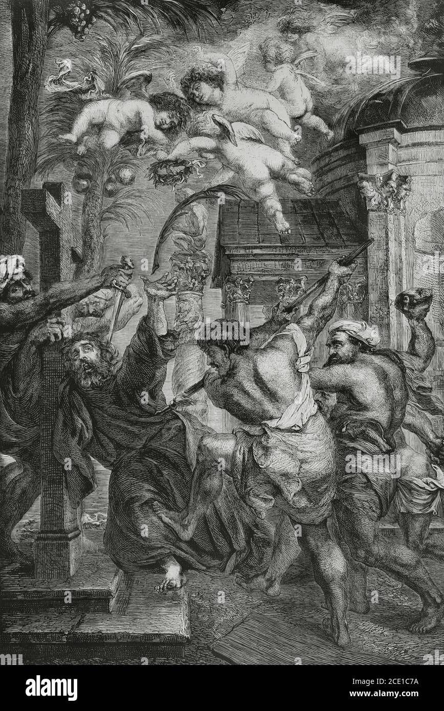 Das Martyrium des heiligen Thomas. Gravur aus einem Rubens-Gemälde. La Ilustracion Española y Americana, 1881. Stockfoto