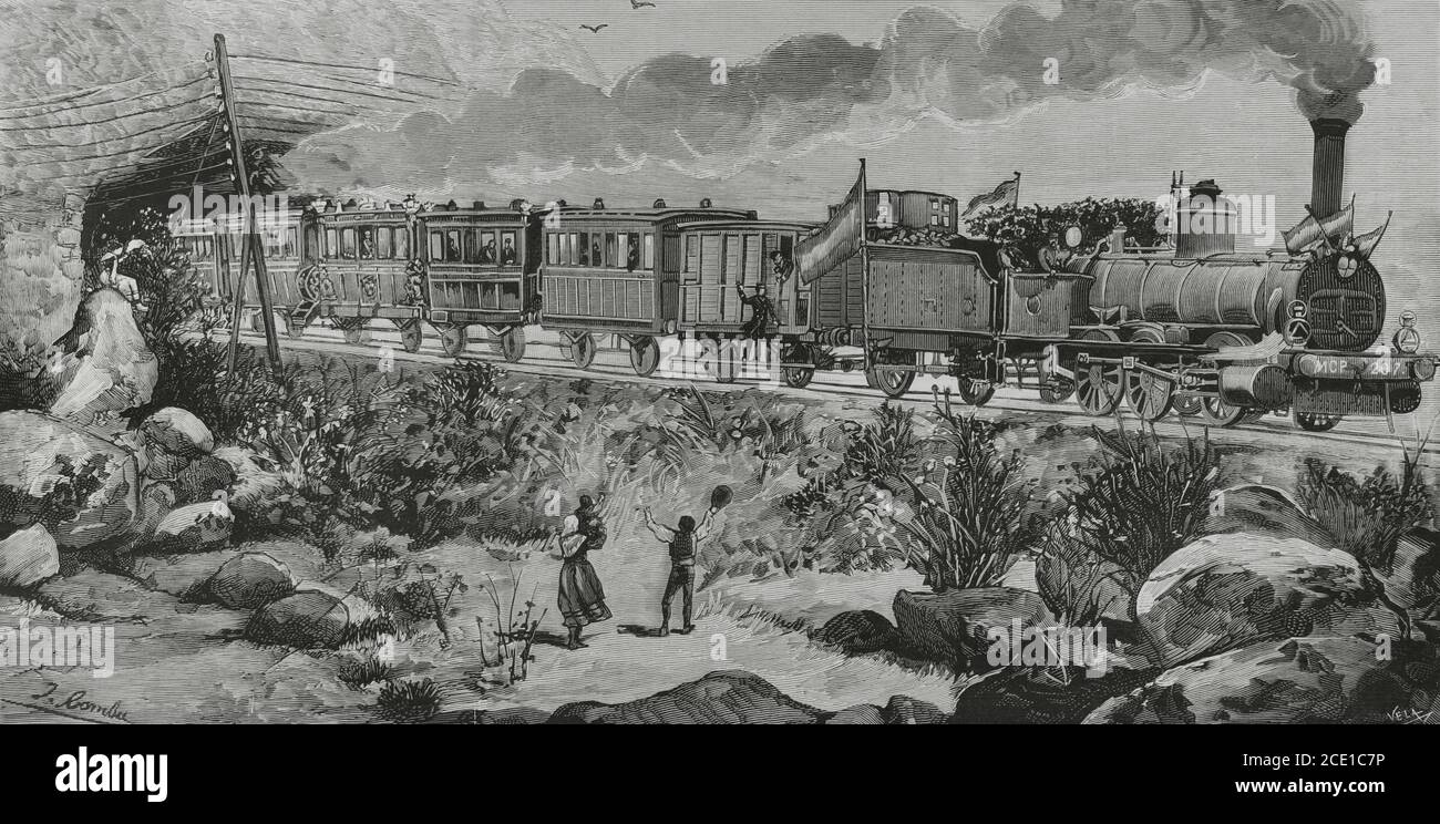 Spanien. König Alfonso XII. (1857-1885) weihte am 8. Oktober 1881 die Eisenbahnlinie Madrid-Lissabon ein. Antrittszug. Komposition und Illustration von Juan Comba. Gravur von Vela. La Ilustracion Española y Americana, 1881. Stockfoto