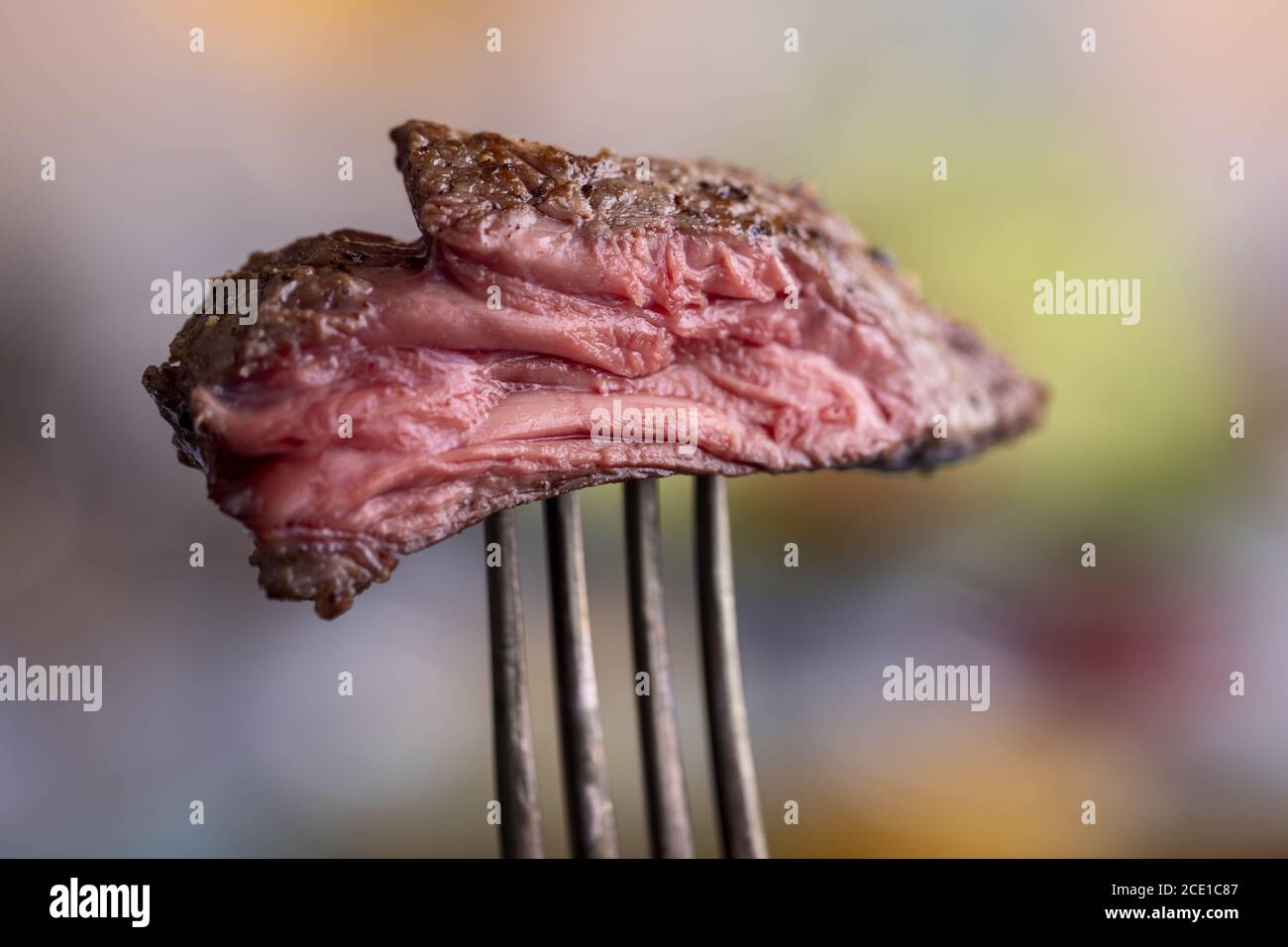 Steak auf einer Gabel Stockfoto