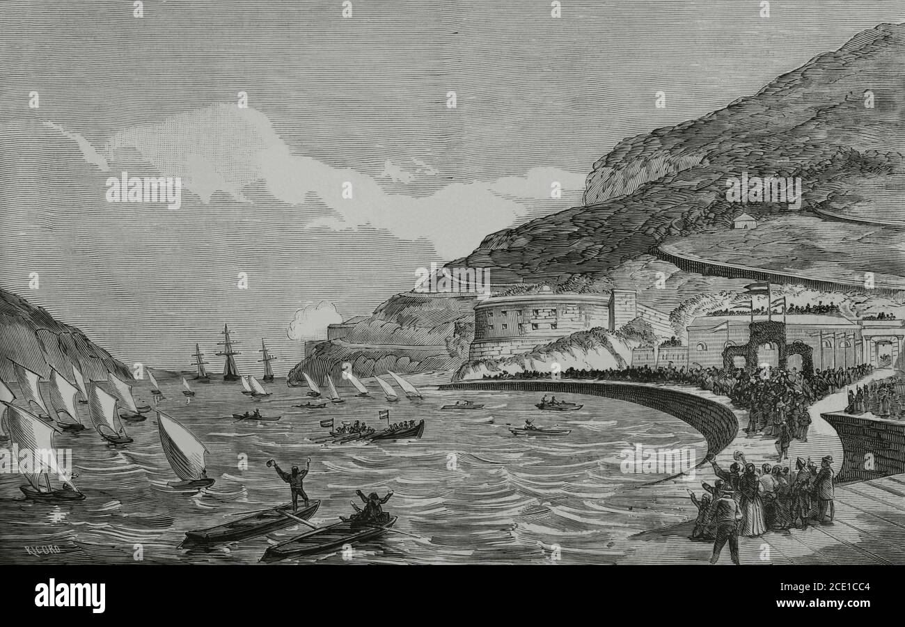 Spanien. Reise der spanischen Königsfamilie an die kantabrische Küste. König Alfonso XII (1857-1885), Königin Maria Cristina (1858-1929) und die Infantas Paz und Eulalia. Ausschiffung der königlichen Familie im Hafen von Santoña, am 12. September 1881. Lebenszeichnung von Rafael Monleón. Gravur von Ricord. La Ilustracion Española y Americana, 1881. Stockfoto