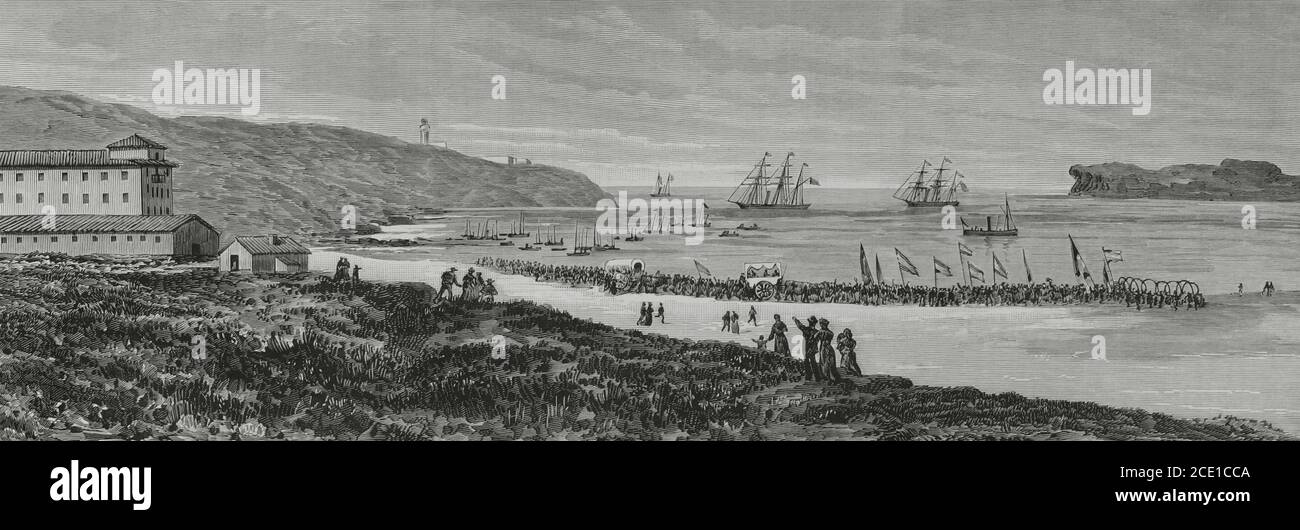 Spanien. Reise der spanischen Königsfamilie an die kantabrische Küste. König Alfonso XII (1857-1885), Königin Maria Cristina (1858-1929) und die Infantas Paz und Eulalia. Die Königin Maria Cristina hatte versprochen, die Stadt Suances zu besuchen. Am 14. September 1881 schifften die Königin und die infanten von Comillas zum Strand von Suances (Provinz Santander) ein. Zwei Ochsenkarren wurden für den Transport der Königin, der infanten und der Diener vorbereitet, da es in der Gegend keine anderen Fahrzeuge gab. Ankunft der königlichen Familie an den Strand von Suances. Gravur. La Ilustracion Española y Americana, 1881. Stockfoto