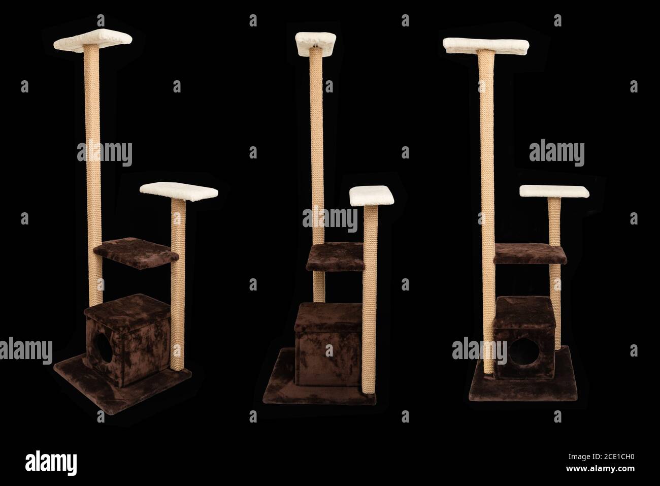 Katzenhaus isoliert auf schwarzem Hintergrund. Verschiedene Winkel von Katzenbaum. PET-Kratzgerüst. Niemand. Stockfoto