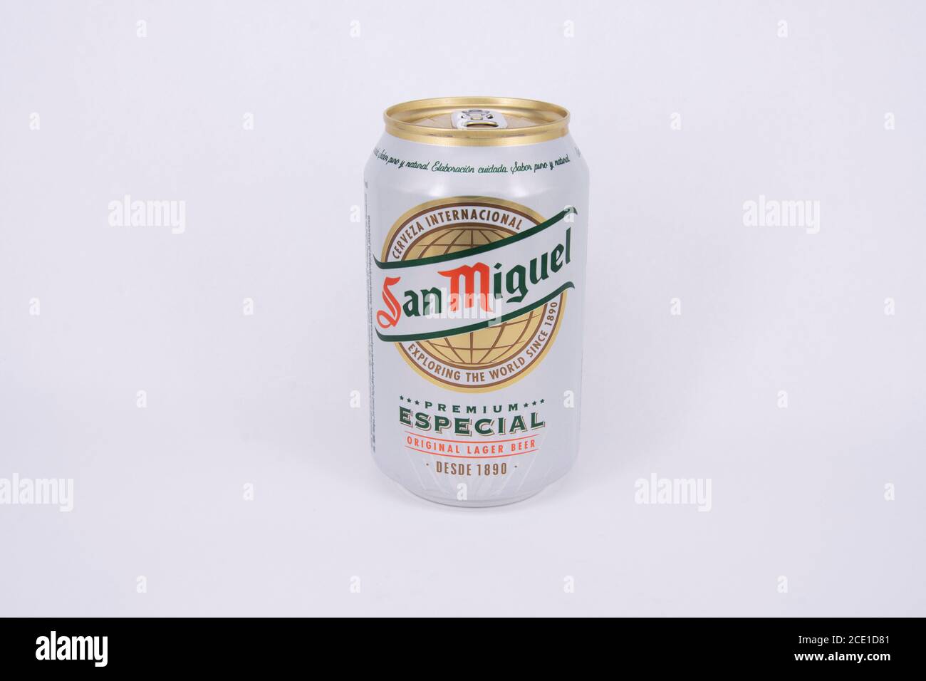 Stillleben Dose San Miguel Premium Lagerbier, London, England, Vereinigtes Königreich Stockfoto