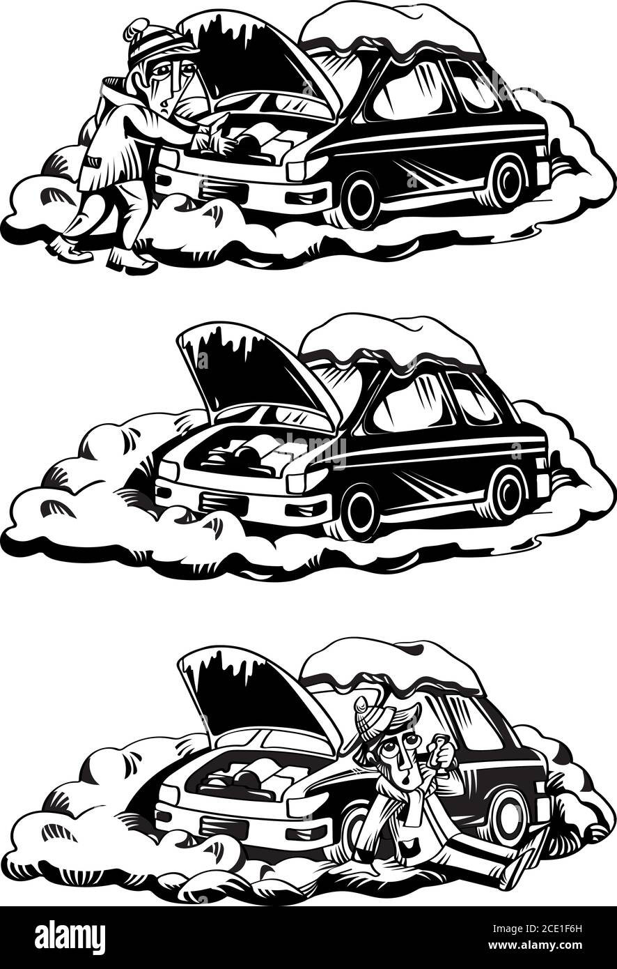 Auto, kaputtes Auto, Auto im Schnee stecken, Winter, Schnee, Schneewehe, Schneewehe, Gefahr, Problem, Vektor, Logo, Silhouette, Design, Satz, Illustration Stock Vektor