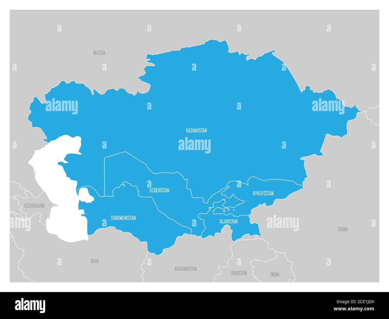 Karte der Region Zentralasien mit blau markierten Kasachstan, Kirgisistan, Tadschikistan, Turkmenistan und Usbekistan. Flache, graue Karte mit weißen Ländergrenzen. Stock Vektor