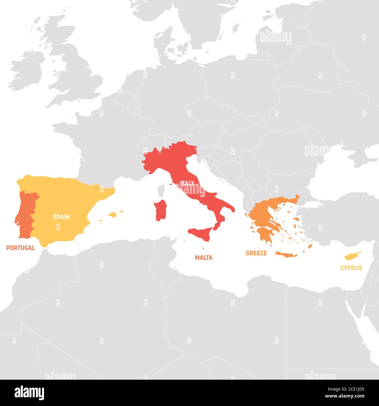 Region Südeuropa. Karte der Länder in Südeuropa rund um das Mittelmeer. Vektorgrafik. Stock Vektor