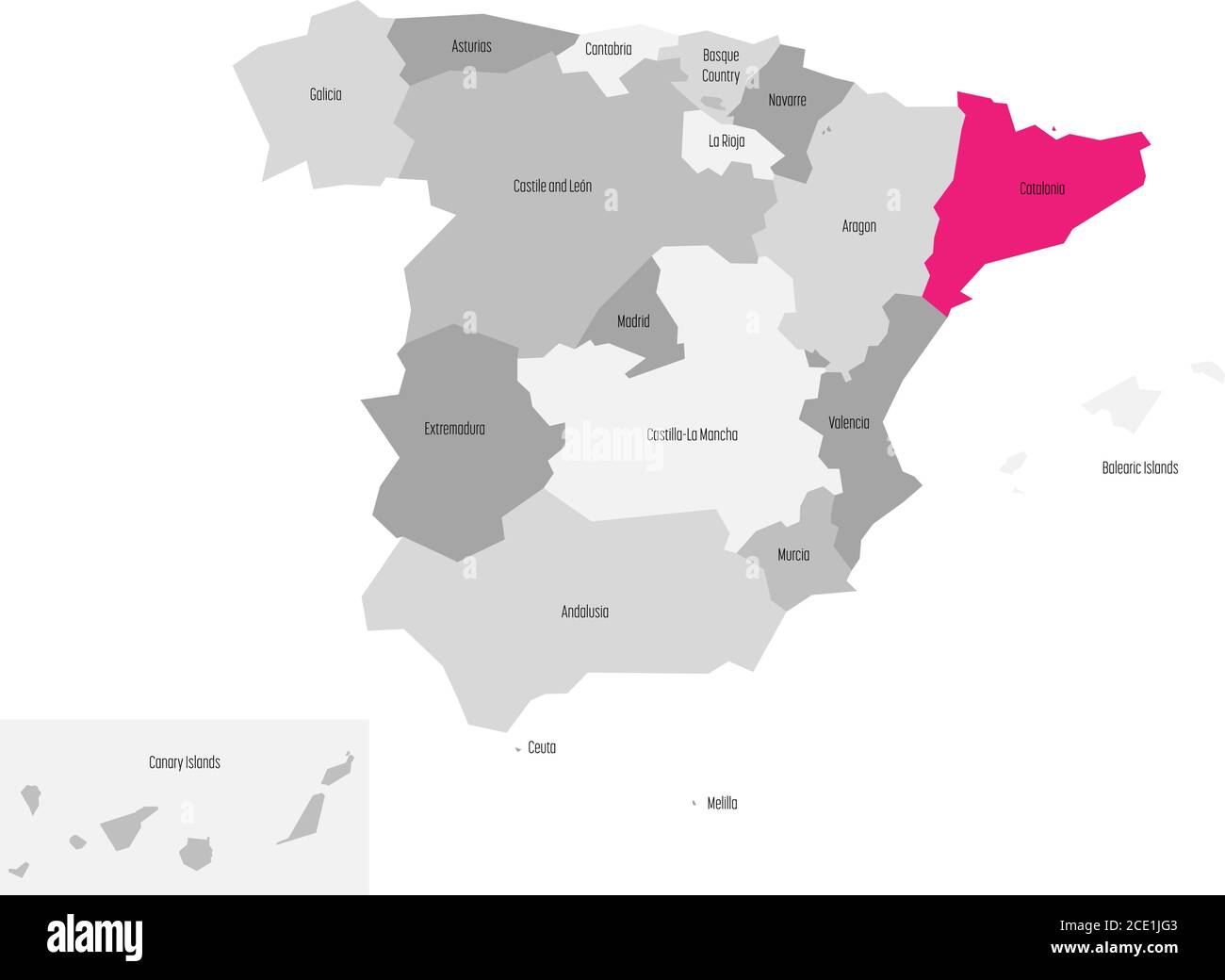 Karte von Spanien aufgeteilt auf 17 administrative autonome Gemeinden mit rosa hervorgehoben Katalonien Region. Einfache flache Vektorkarte in Graustufen. Stock Vektor