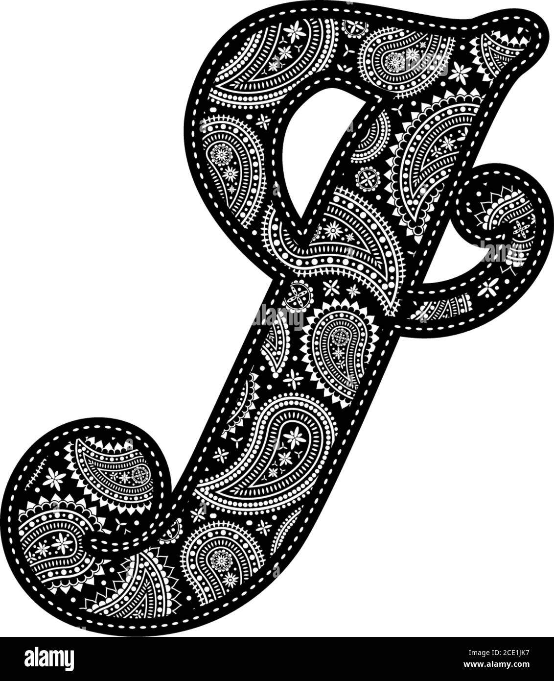 Großbuchstabe J mit Paisleymuster. Stickerei in schwarz. Isoliert auf Weiß Stock Vektor